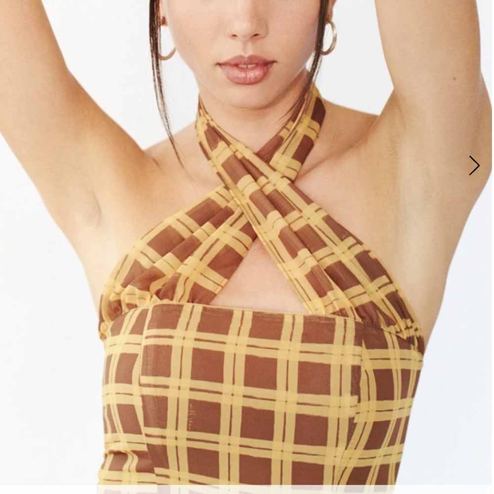 Nwot With Jean tulip top yellow brown plaid CHER xs - Picture 3 of 6